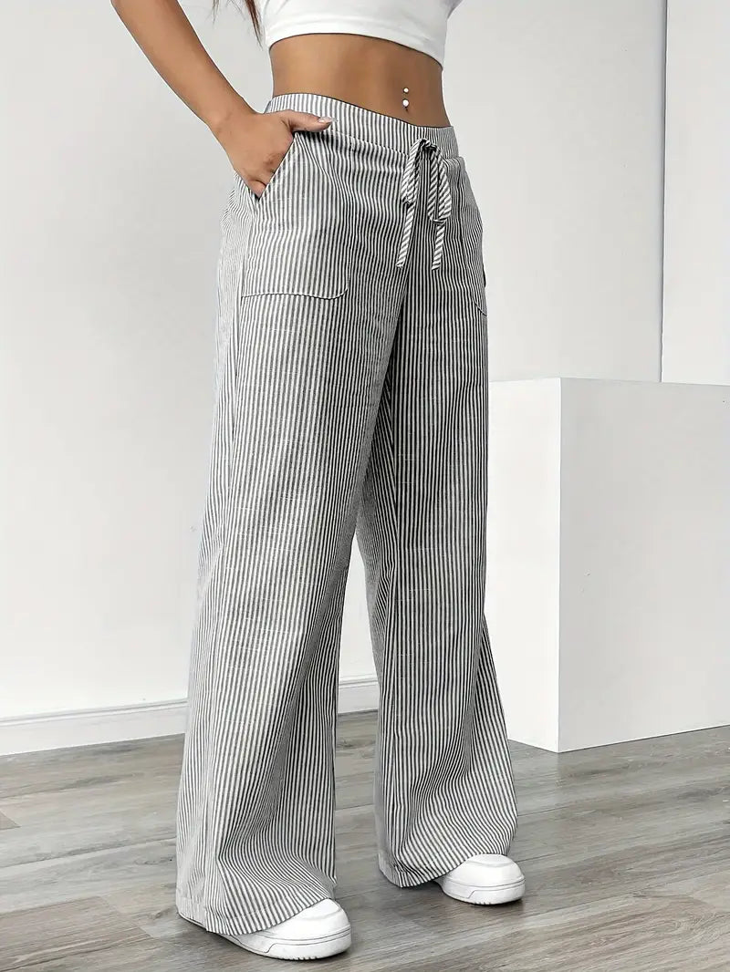 Pantalon large femme imprimé rayures taille élastique cordon poches fluide