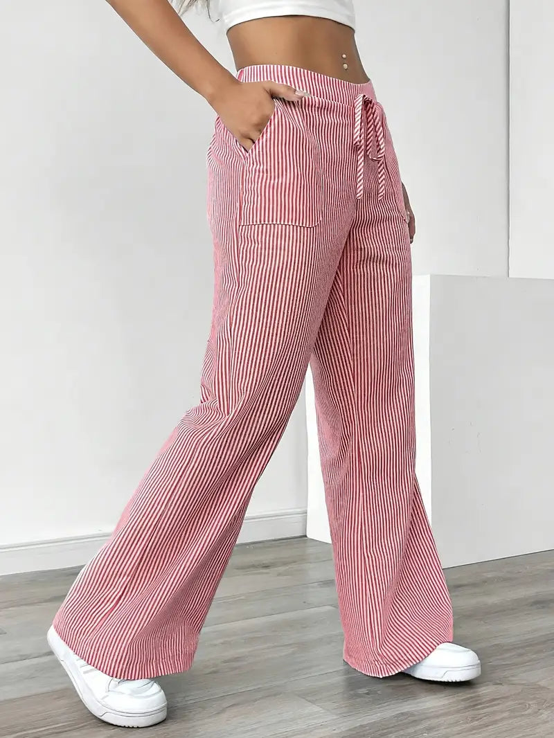 Pantalon large femme imprimé rayures taille élastique cordon poches fluide