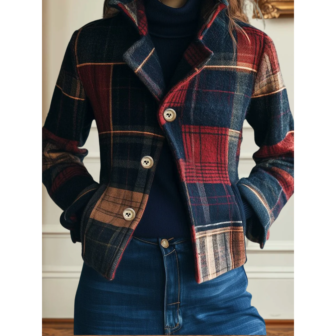 Veste femme carreaux boutonnée coupe cintrée col tailleur style casual chic