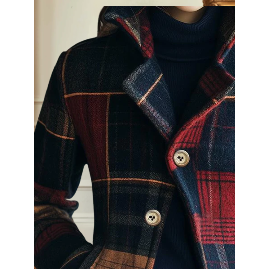 Veste femme carreaux boutonnée coupe cintrée col tailleur style casual chic