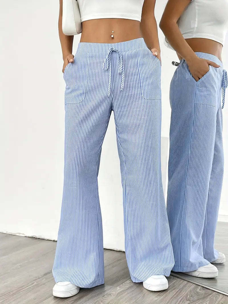Pantalon large femme imprimé rayures taille élastique cordon poches fluide