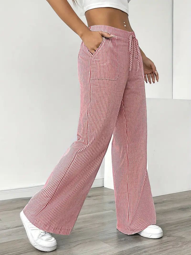 Pantalon large femme imprimé rayures taille élastique cordon poches fluide