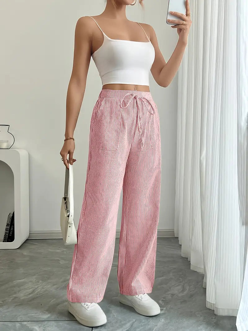Pantalon large femme imprimé rayures taille élastique cordon poches fluide