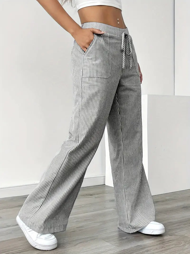 Pantalon large femme imprimé rayures taille élastique cordon poches fluide