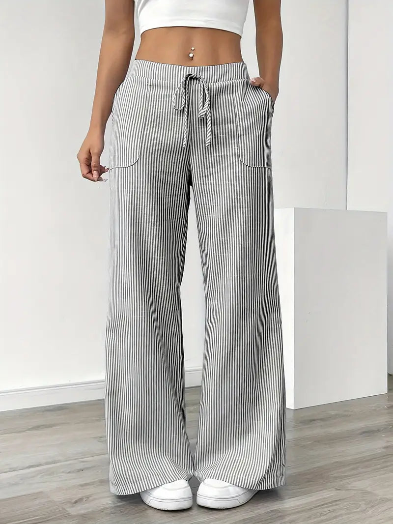 Pantalon large femme imprimé rayures taille élastique cordon poches fluide