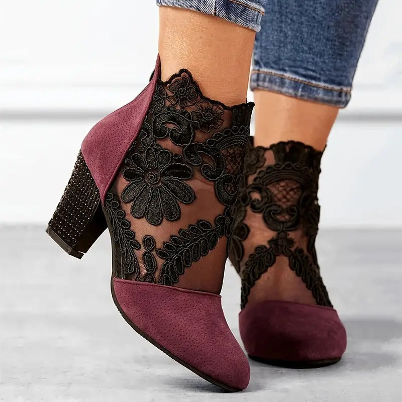 Bottines femme talon carré dentelle transparente bout rond élégantes