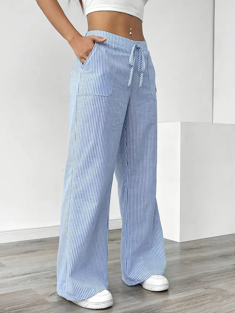 Pantalon large femme imprimé rayures taille élastique cordon poches fluide