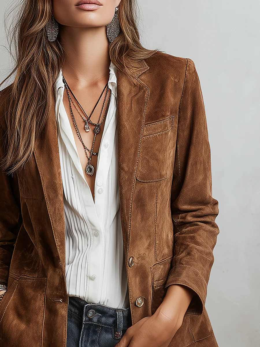 Blazer femme effet daim coupe cintrée boutons col tailleur