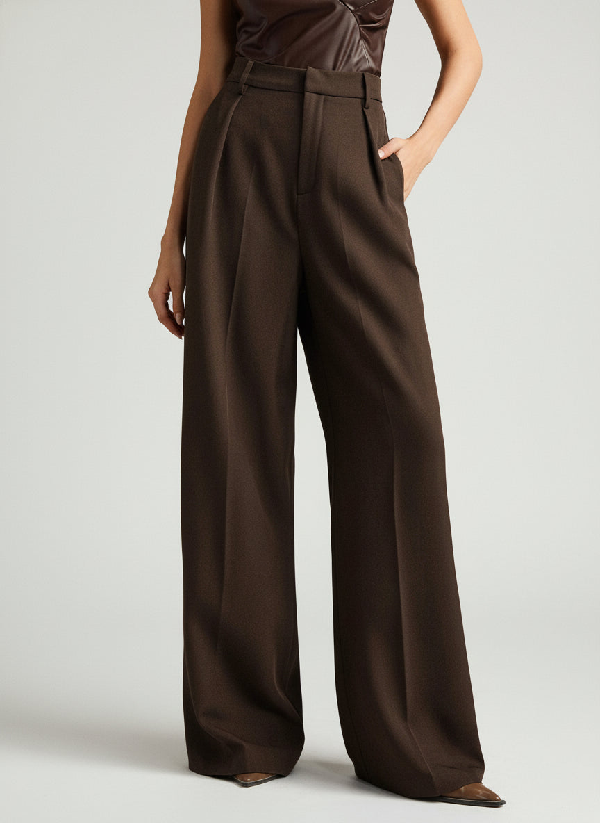 Pantalon large femme taille haute plis avant coupe fluide palazzo