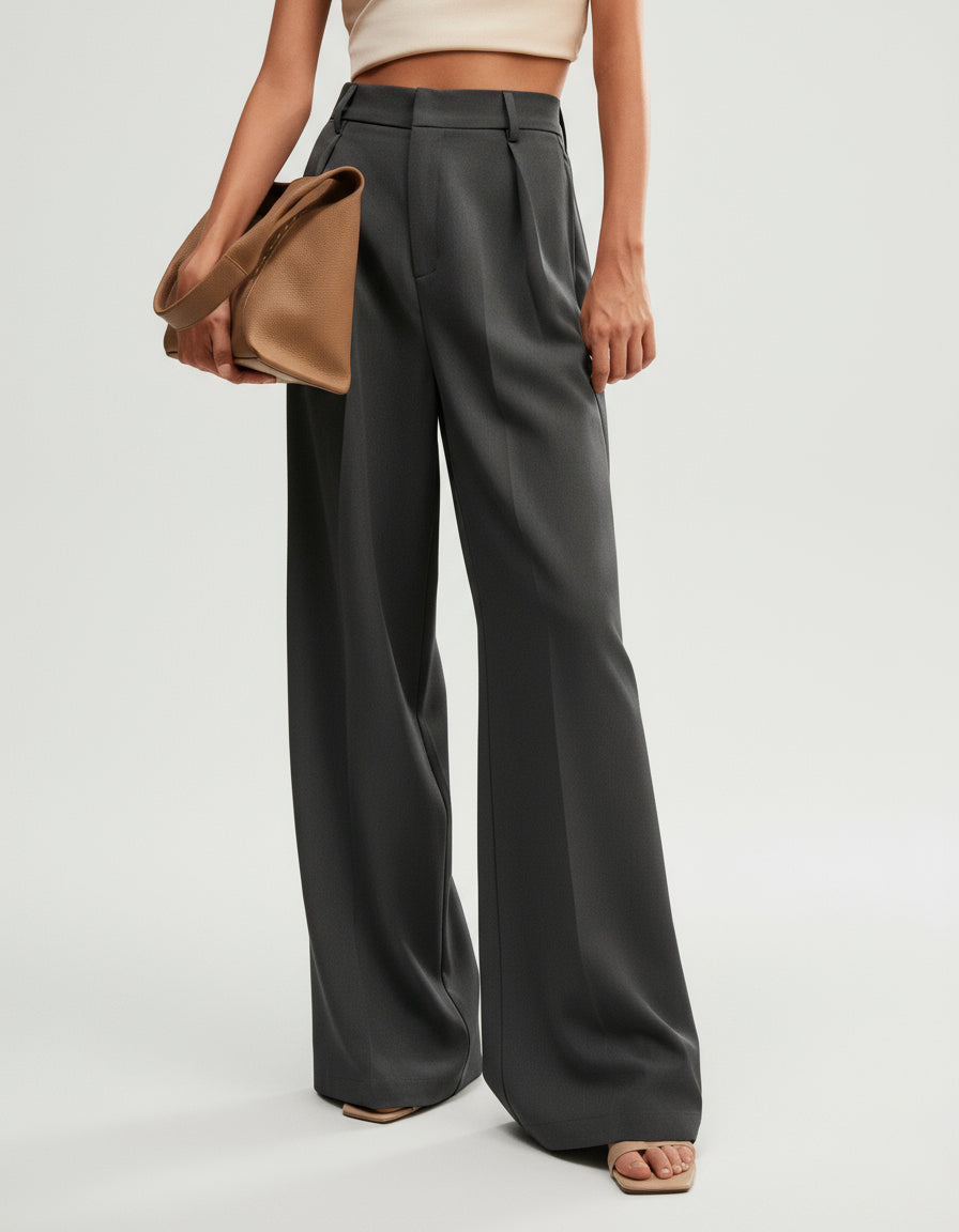 Pantalon large femme taille haute plis avant coupe fluide palazzo