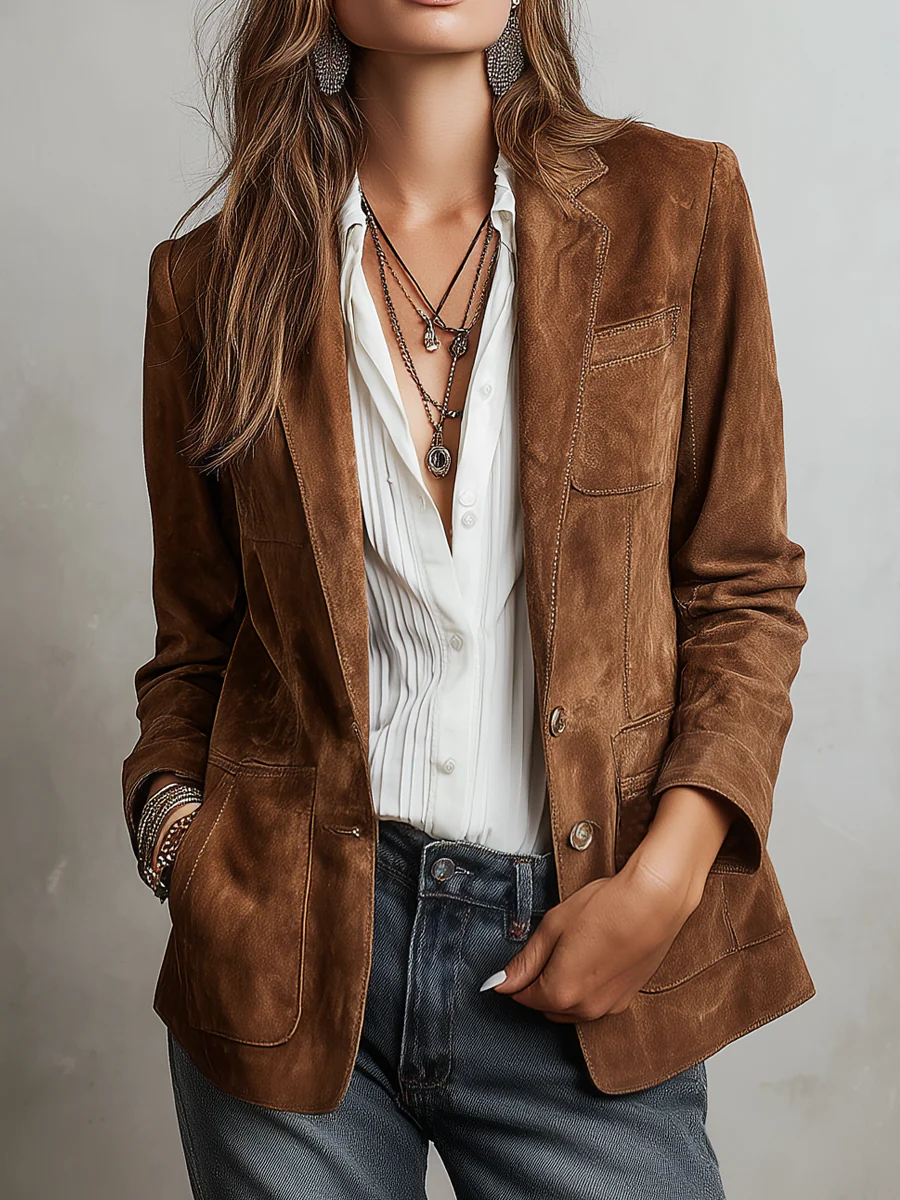 Blazer femme effet daim coupe cintrée boutons col tailleur