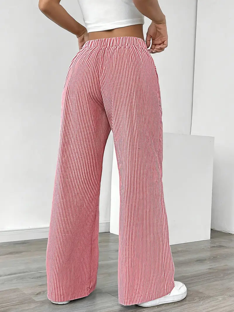 Pantalon large femme imprimé rayures taille élastique cordon poches fluide
