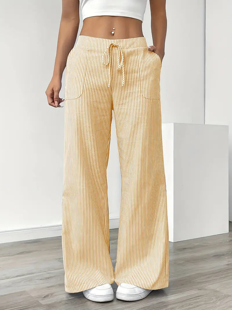 Pantalon large femme imprimé rayures taille élastique cordon poches fluide