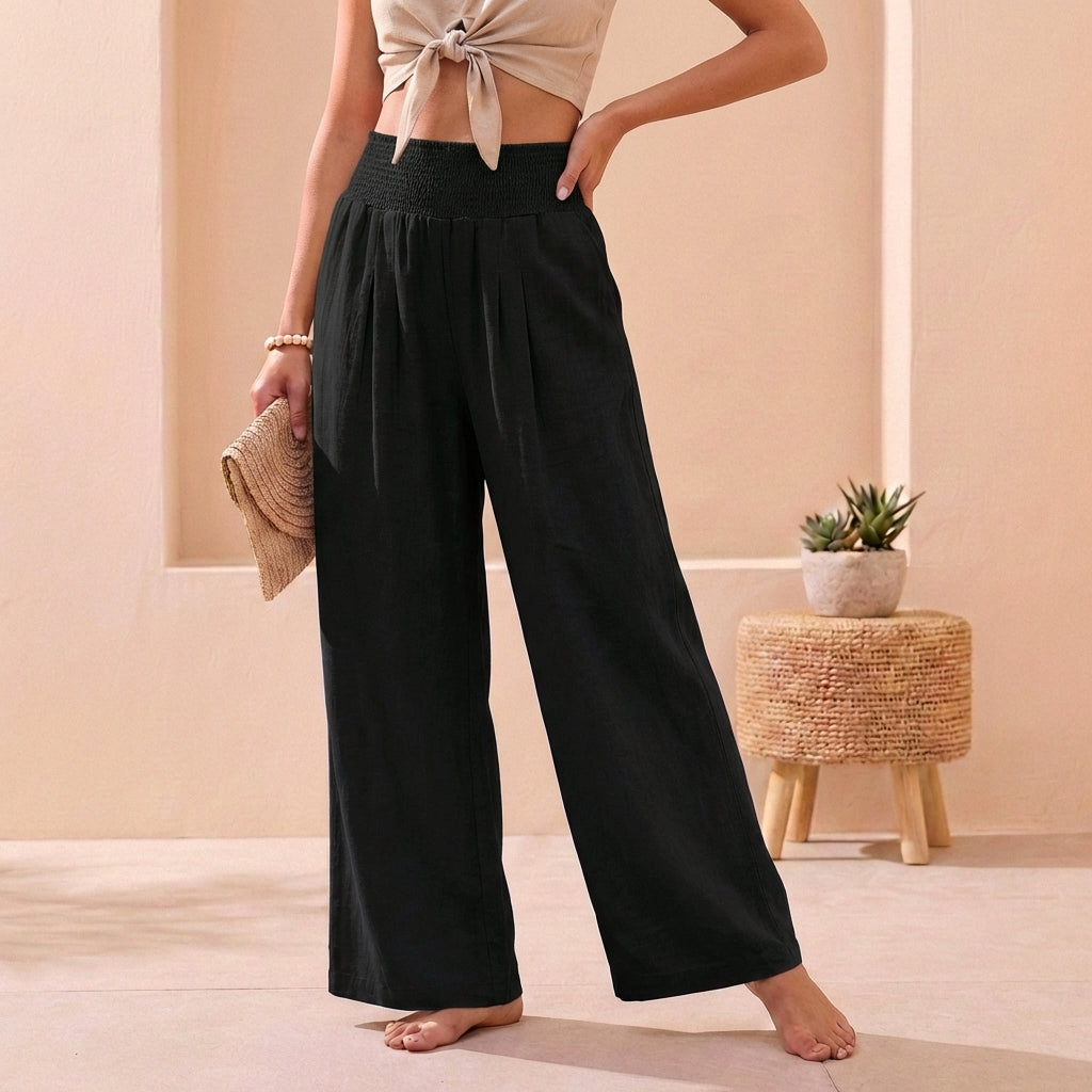 Pantalon large femme en lin taille smockée coupe palazzo fluide plis avant