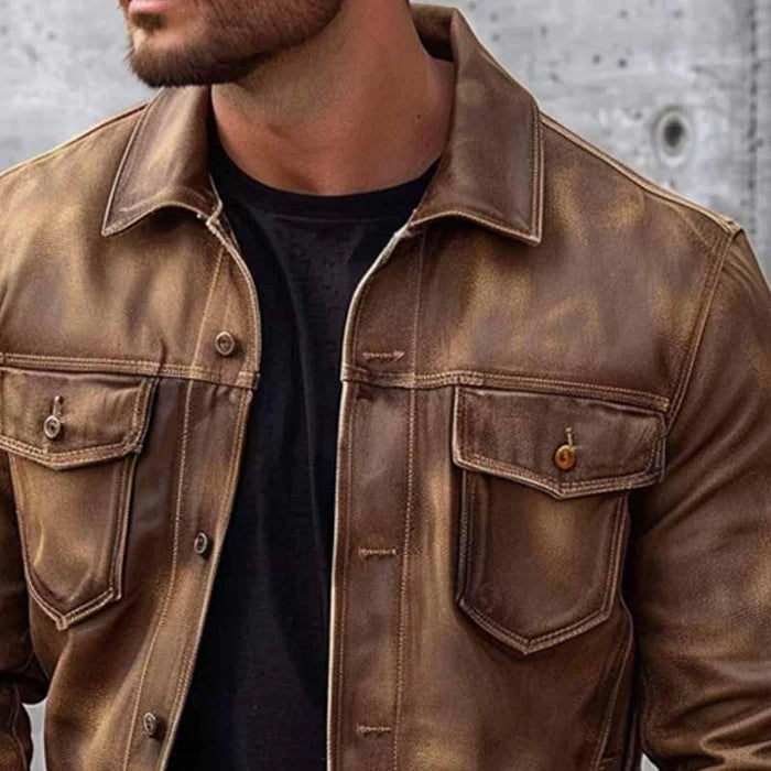 Veste cuir homme style camionneur vintage col chemise boutons