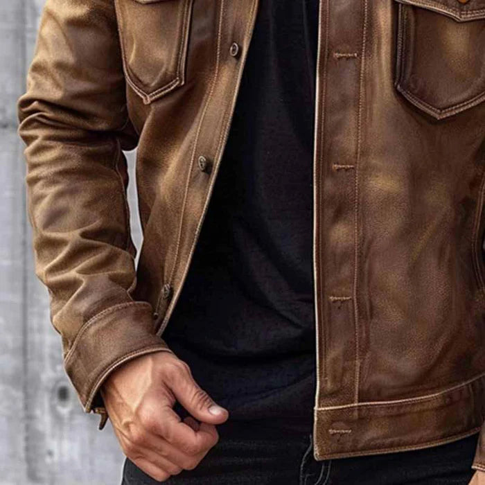 Veste cuir homme style camionneur vintage col chemise boutons