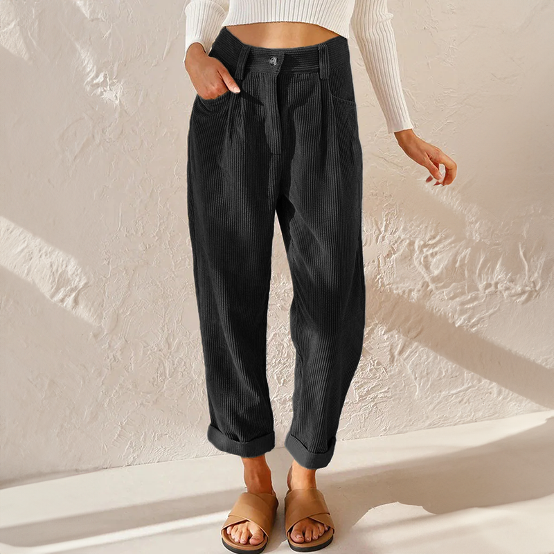 Pantalon femme en velours côtelé taille haute coupe droite poches latérales