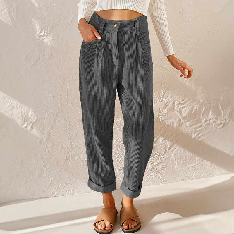 Pantalon femme en velours côtelé taille haute coupe droite poches latérales
