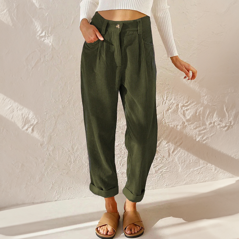 Pantalon femme en velours côtelé taille haute coupe droite poches latérales