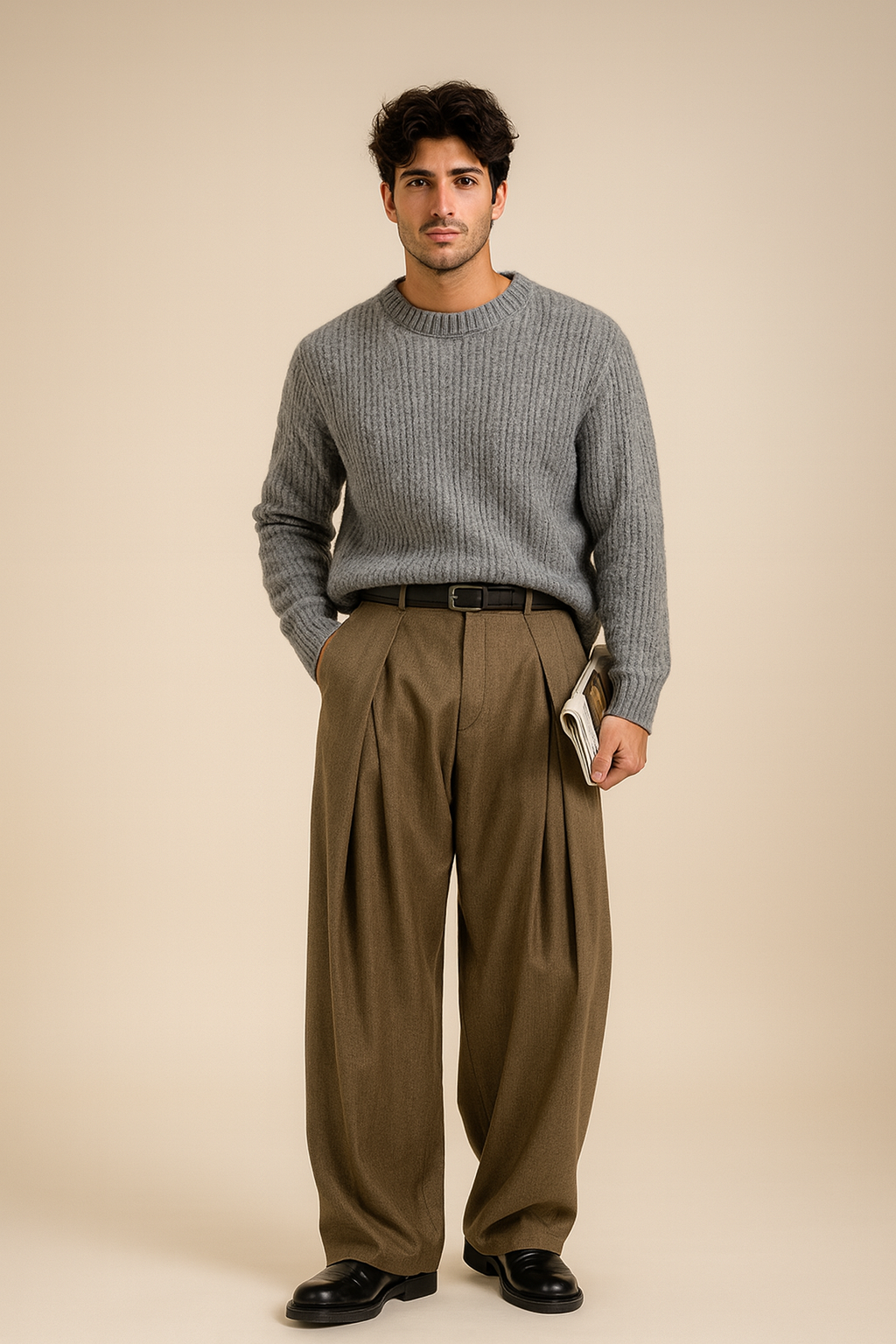 Pantalon homme costume jambes larges taille haute pinces coupe oversize