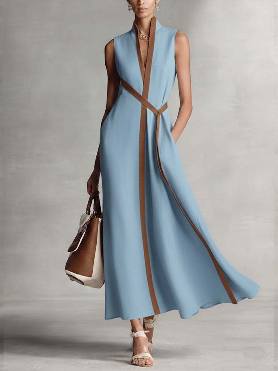 Robe longue portefeuille femme sans manches col V ceinture nouée