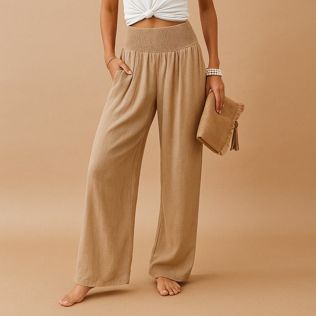 Pantalon large femme en lin taille smockée jambes larges poches palazzo