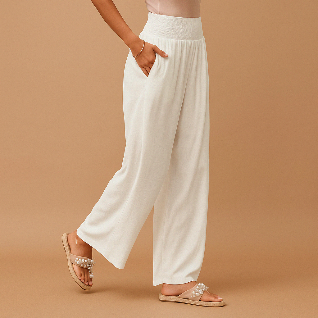 Pantalon large femme en lin taille smockée jambes larges poches palazzo