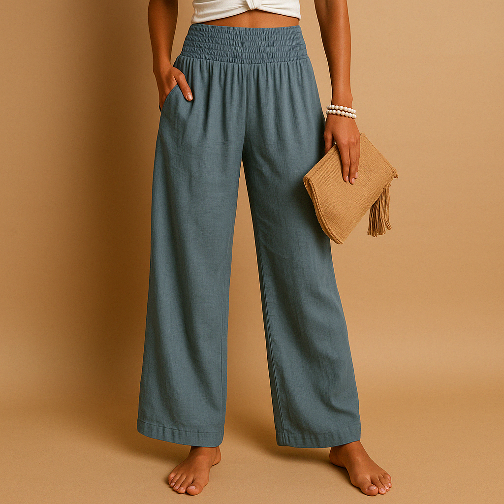 Pantalon large femme en lin taille smockée jambes larges poches palazzo