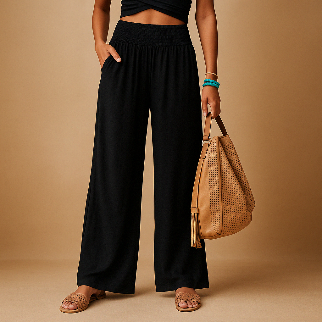 Pantalon large femme en lin taille smockée jambes larges poches palazzo