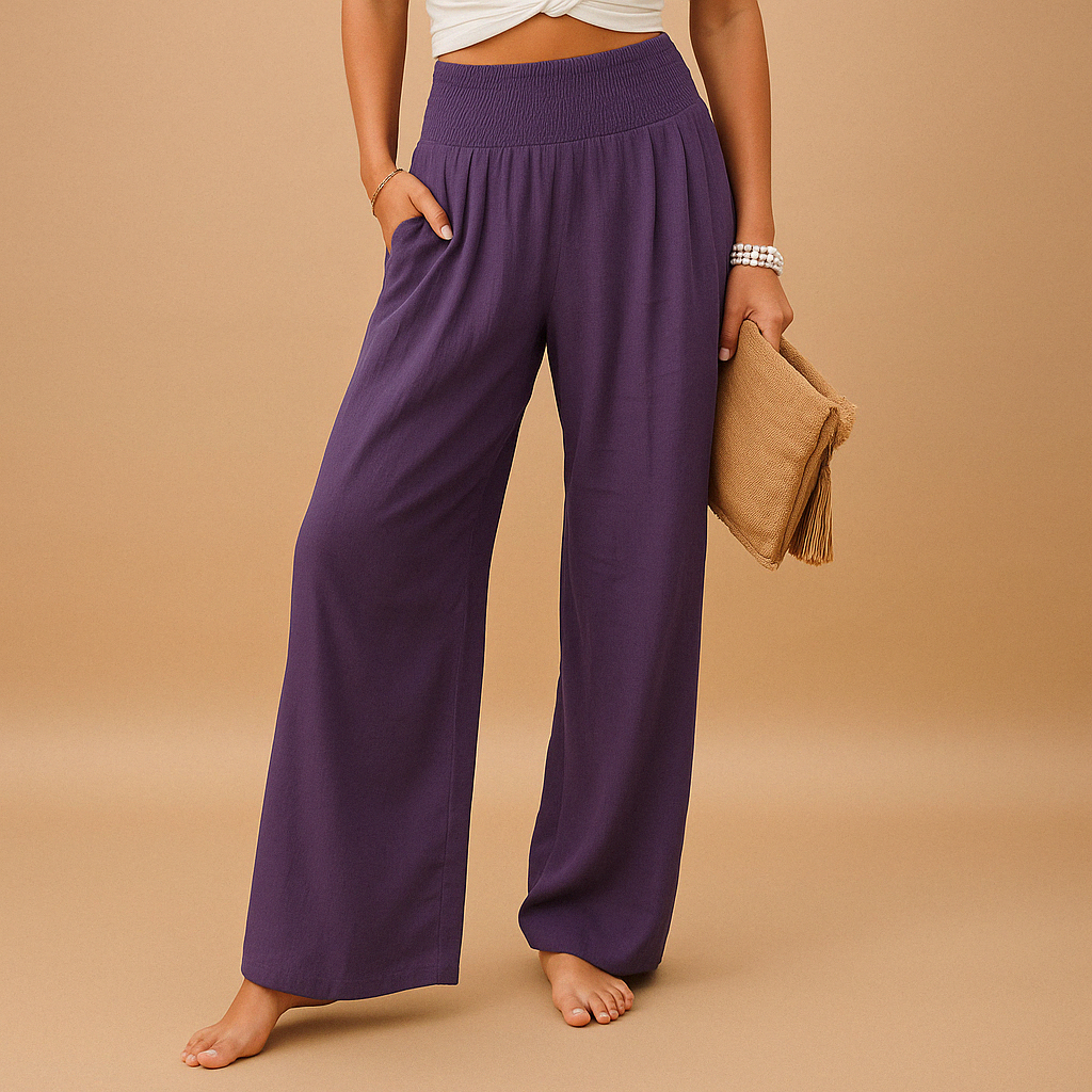 Pantalon large femme en lin taille smockée jambes larges poches palazzo