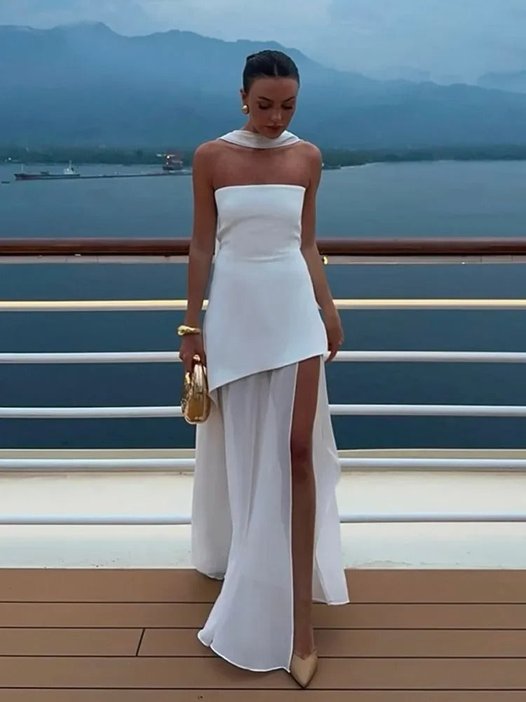 Robe longue bustier femme invitée mariage fendue asymétrique