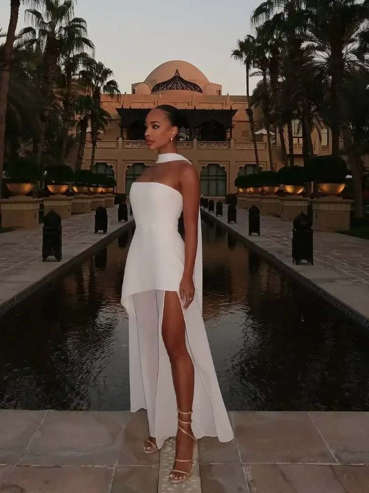 Robe longue bustier femme invitée mariage fendue asymétrique