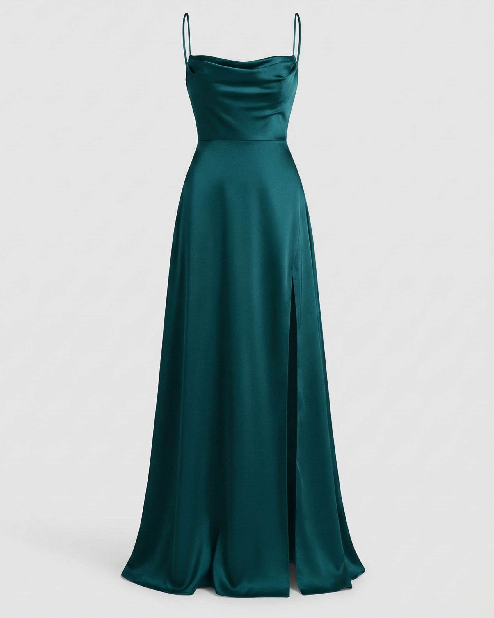 Robe longue femme satin col bénitier fente haute fines bretelles