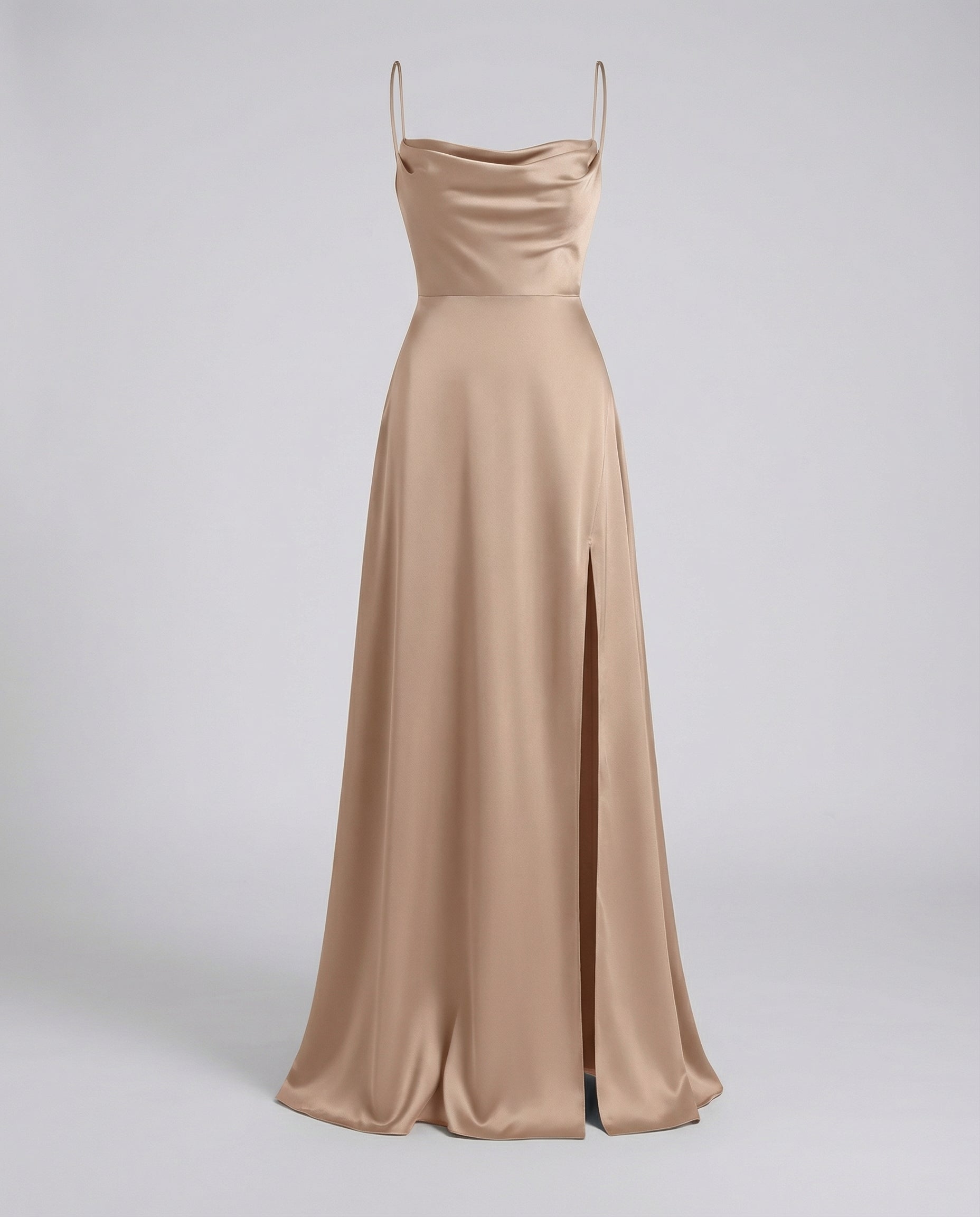 Robe longue femme satin col bénitier fente haute fines bretelles