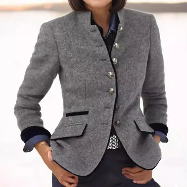 Blazer femme laine mélangée col montant coupe cintrée boutons contrastés