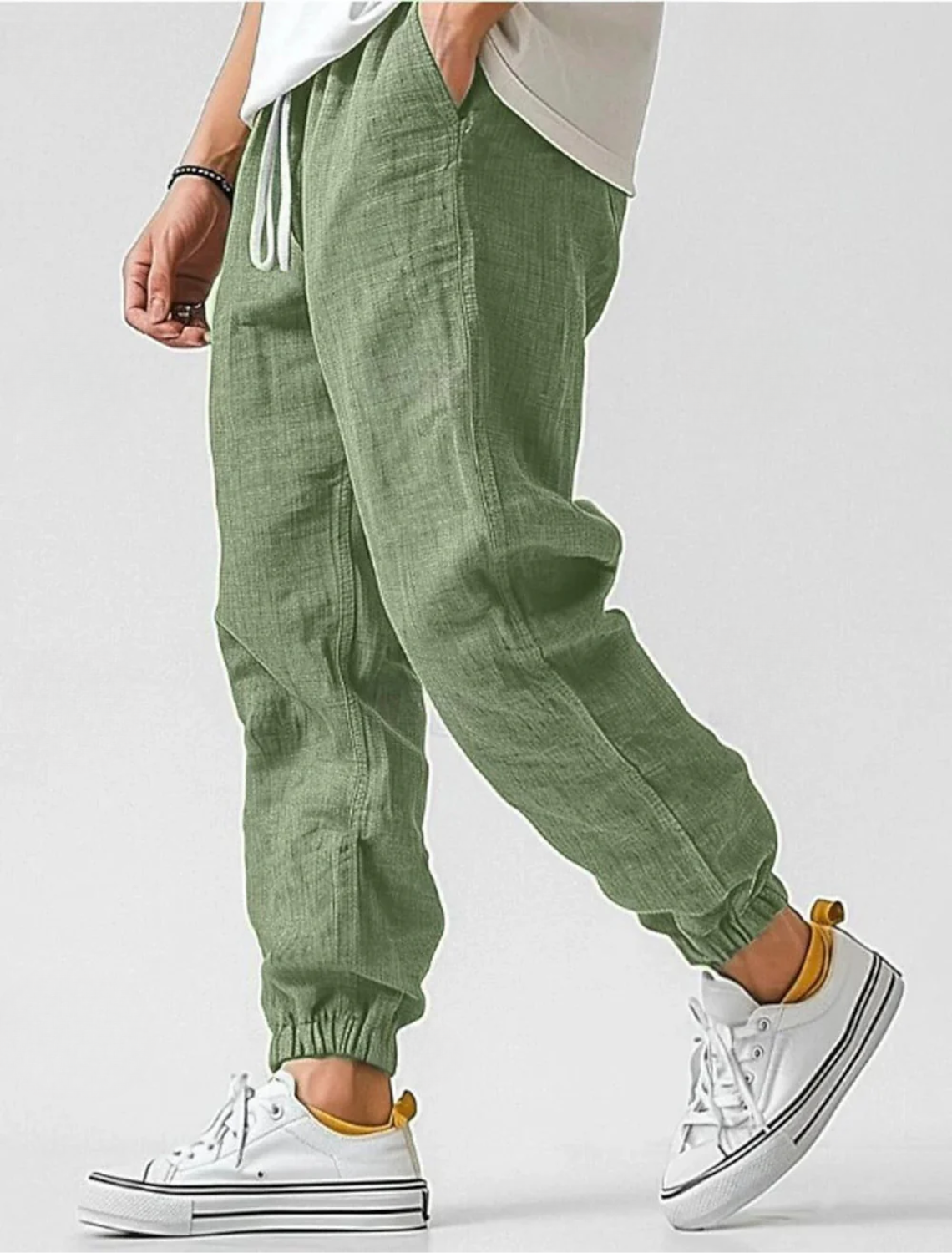 Pantalon jogger homme en lin mélangé taille élastique cordon de serrage léger