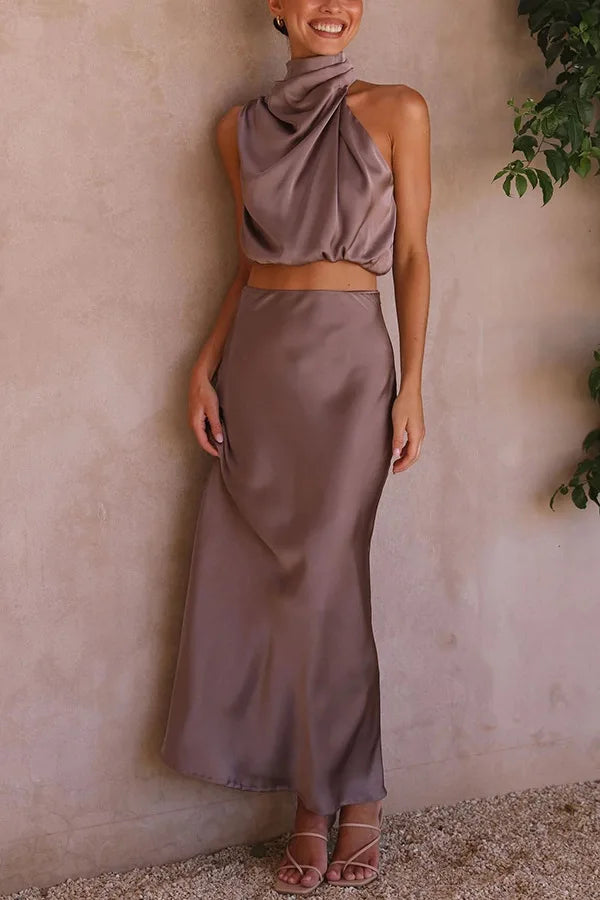 Ensemble femme jupe longue satin top dos nu col montant mariage cérémonie