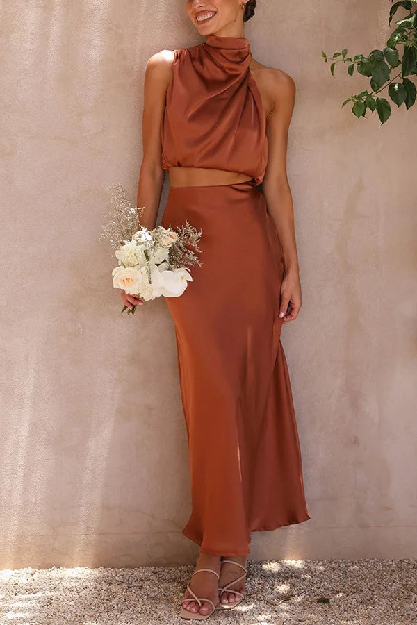 Ensemble femme jupe longue satin top dos nu col montant mariage cérémonie