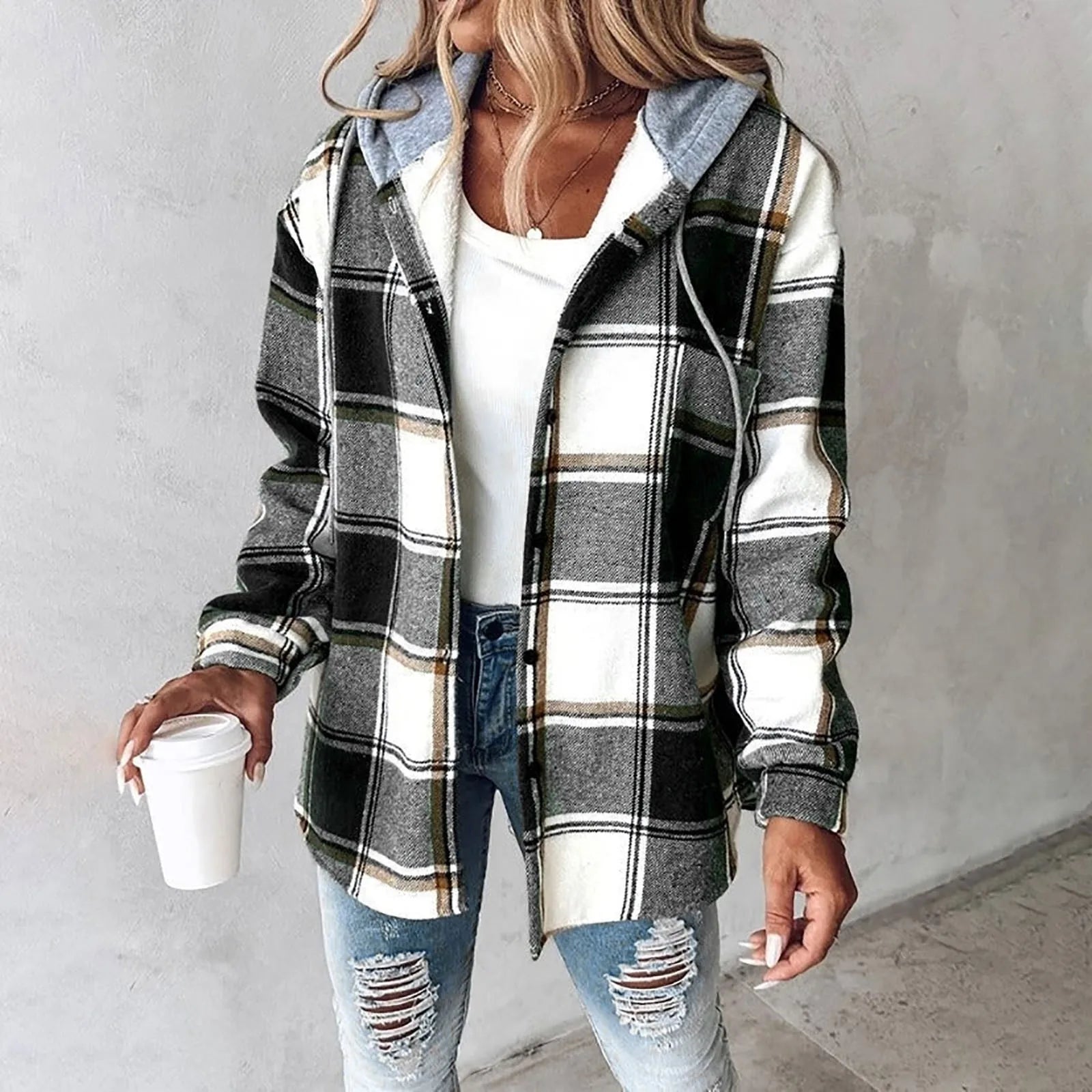 Veste carreaux femme capuche boutonnée coupe oversize style surchemise