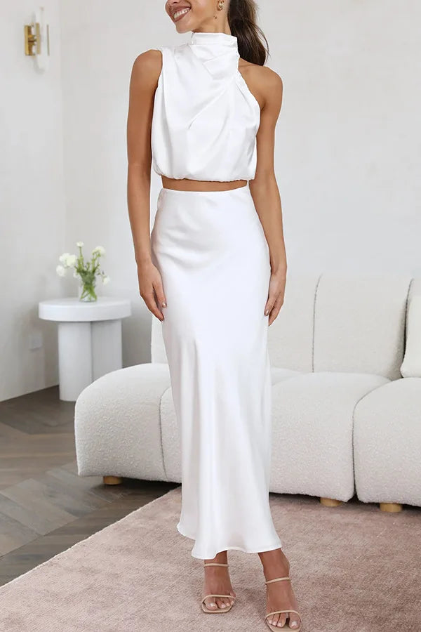 Ensemble femme jupe longue satin top dos nu col montant mariage cérémonie