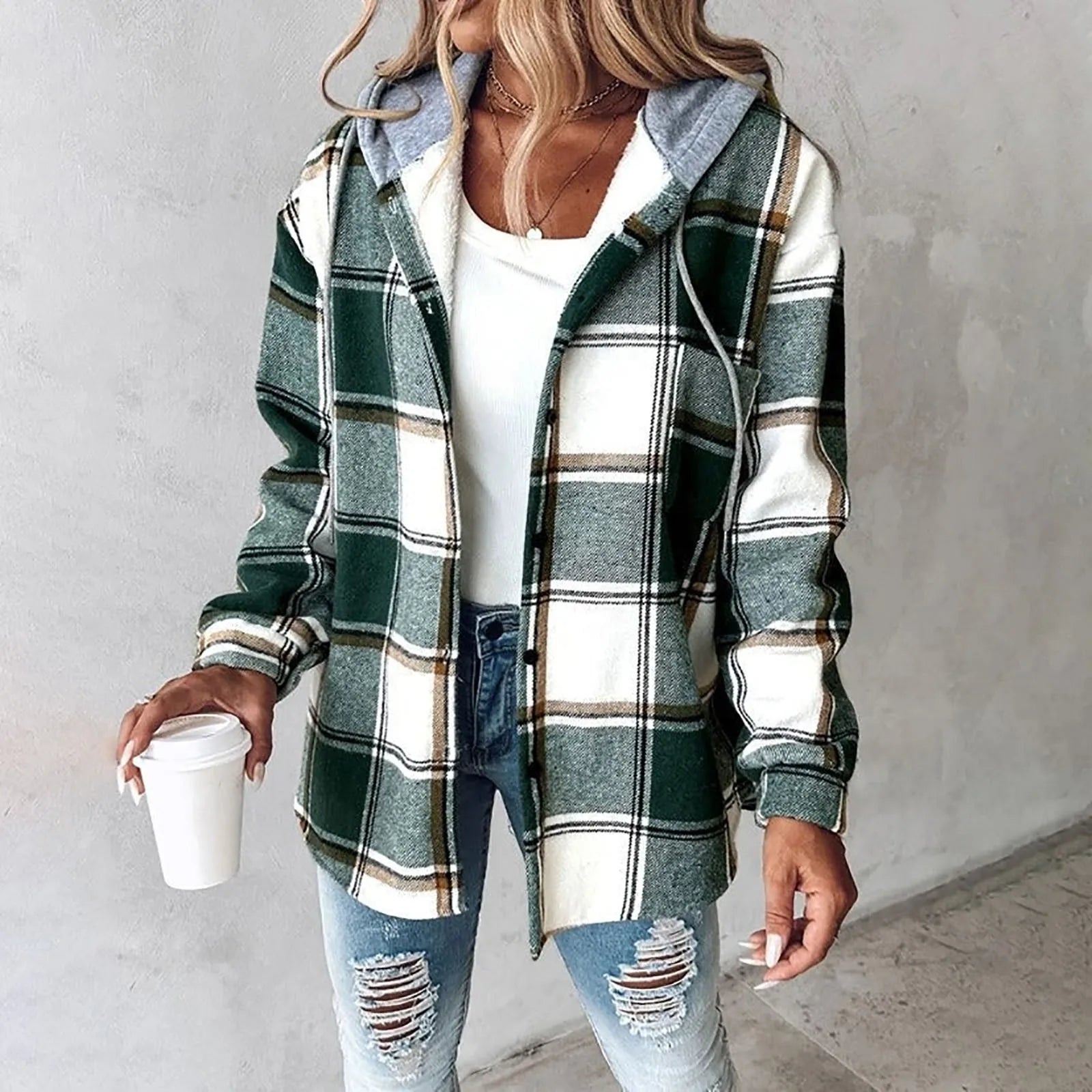 Veste carreaux femme capuche boutonnée coupe oversize style surchemise