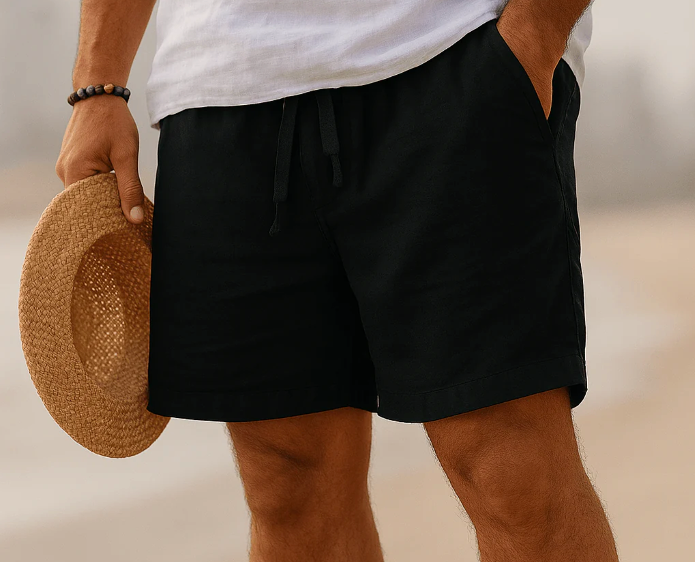 Short homme en lin taille élastique cordon poches mi-cuisse