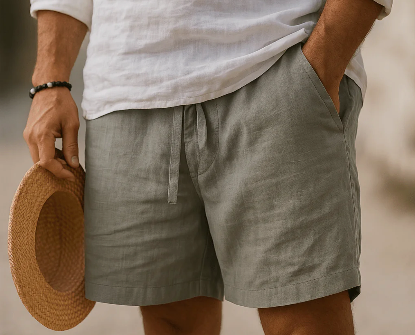 Short homme en lin taille élastique cordon poches mi-cuisse