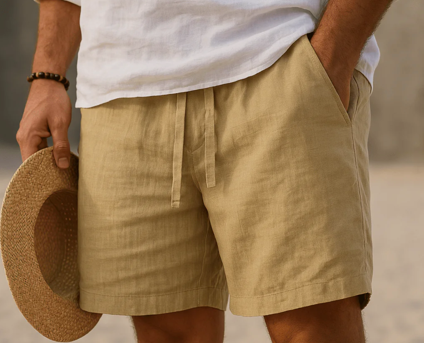 Short homme en lin taille élastique cordon poches mi-cuisse