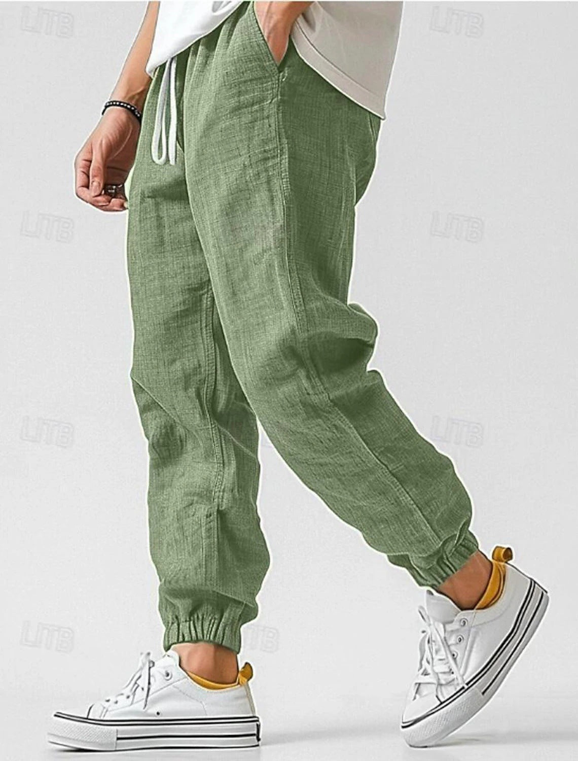 Pantalon jogger homme en lin mélangé taille élastique cordon de serrage léger