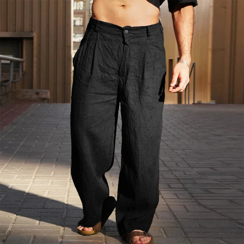 Pantalon homme en lin coupe ample taille haute jambes larges fluide