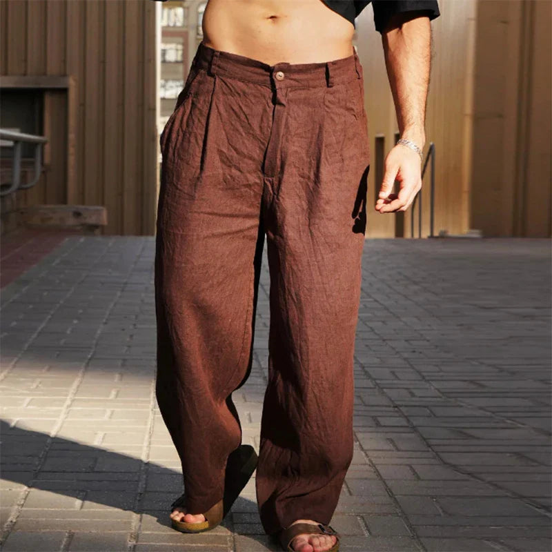 Pantalon homme en lin coupe ample taille haute jambes larges fluide