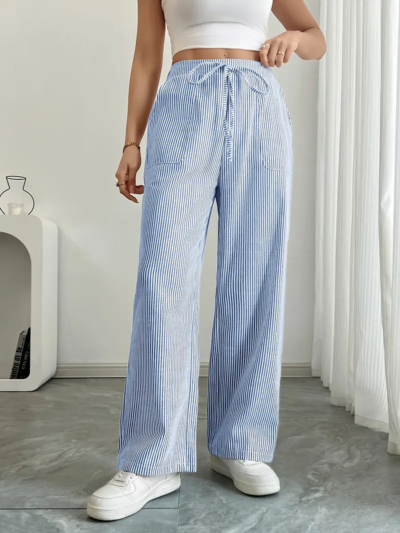 Pantalon large femme imprimé rayures taille élastique cordon poches fluide
