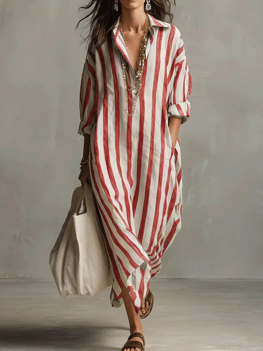 Robe chemise longue femme imprimé rayé col chemise manches longues coupe oversize