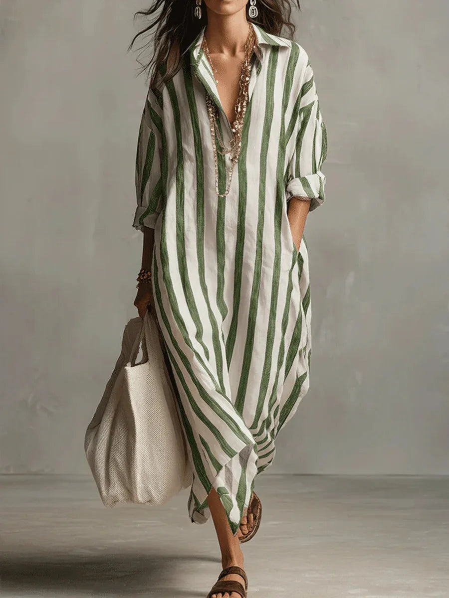Robe chemise longue femme imprimé rayé col chemise manches longues coupe oversize